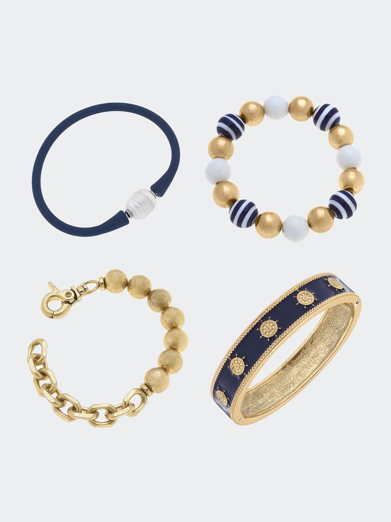Ruby Nautical Bracelet Stack - Set of 4 - Navy/Worn Gold/White