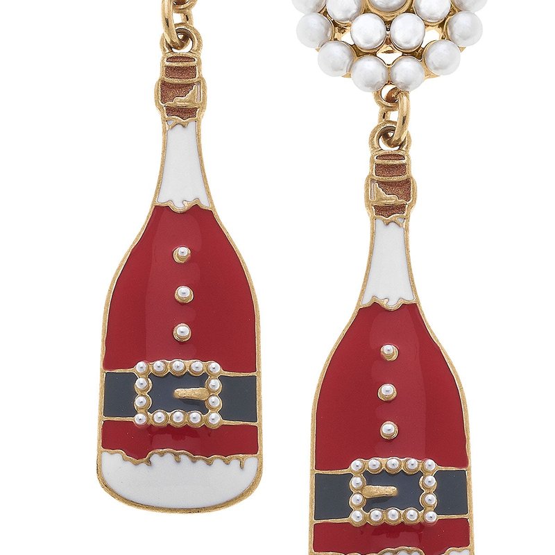 Canvas Style Santa Champagne Bottle Enamel Earrings In Red