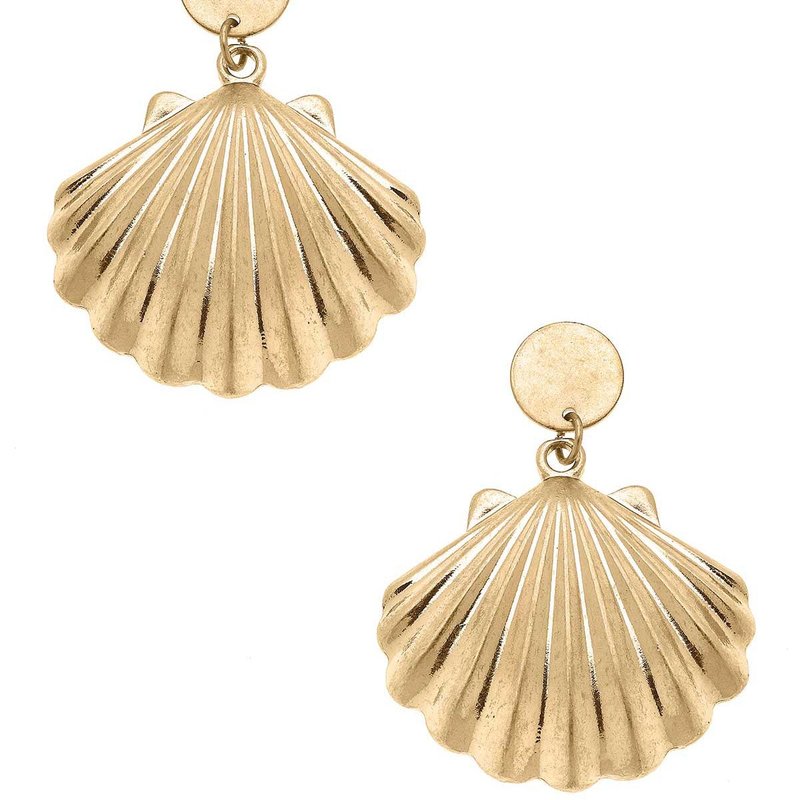 Canvas Style Scallop Shell Statement Earrings In Worn Gold