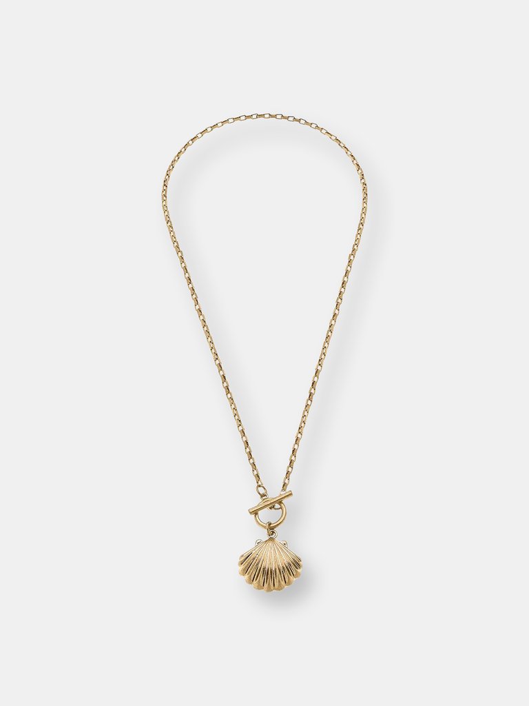 Scallop Shell T-Bar Charm Necklace in Worn Gold - Worn Gold