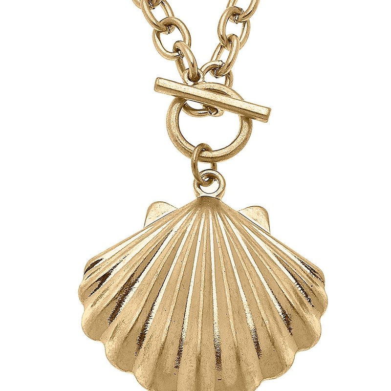 Canvas Style Scallop Shell T-bar Pendant Necklace In Worn Gold