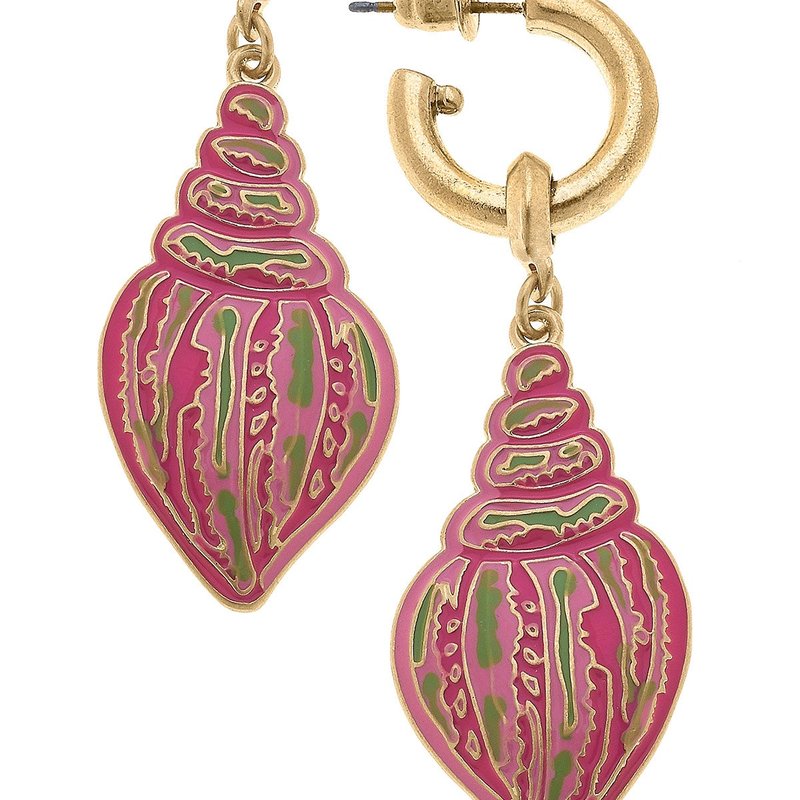 Canvas Style Seashell Enamel Drop Hoop Earrings In Pink