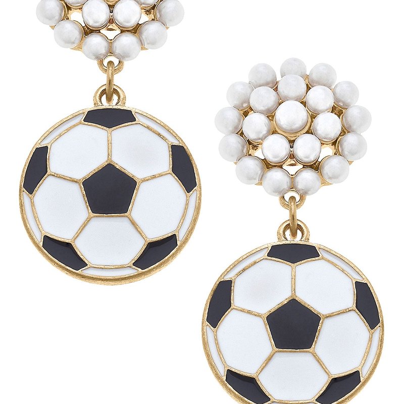 Canvas Style Soccer Ball Pearl Cluster Enamel Drop Earrings In Black