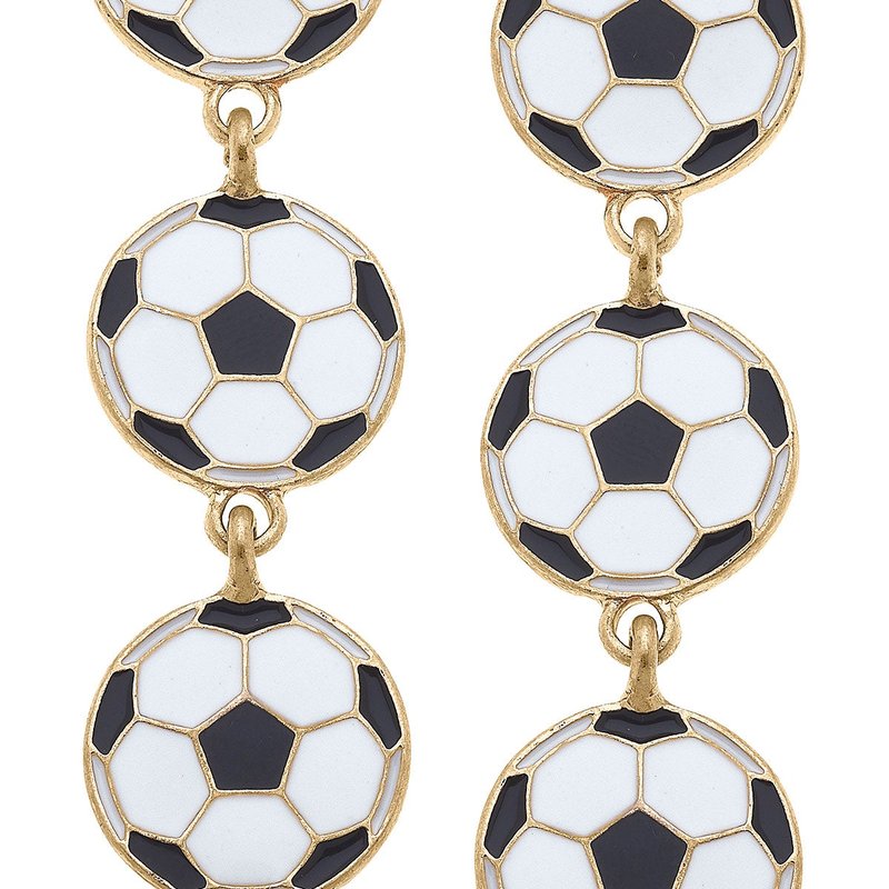 Canvas Style Soccer Ball Triple Drop Enamel Earrings In White