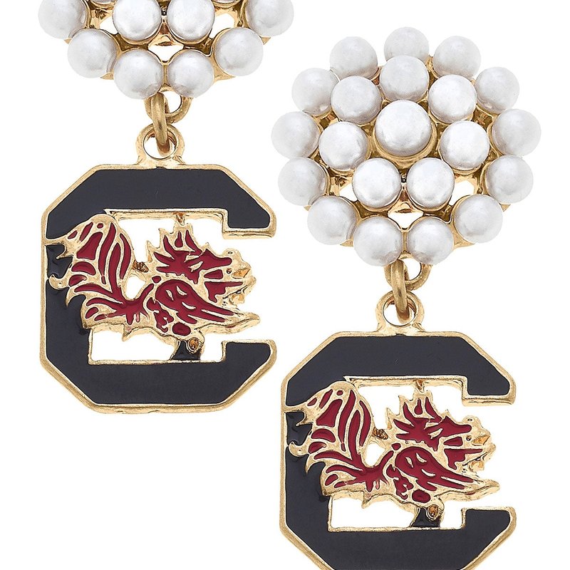 Canvas Style South Carolina Gamecocks Pearl Cluster Enamel Drop Earrings In Black