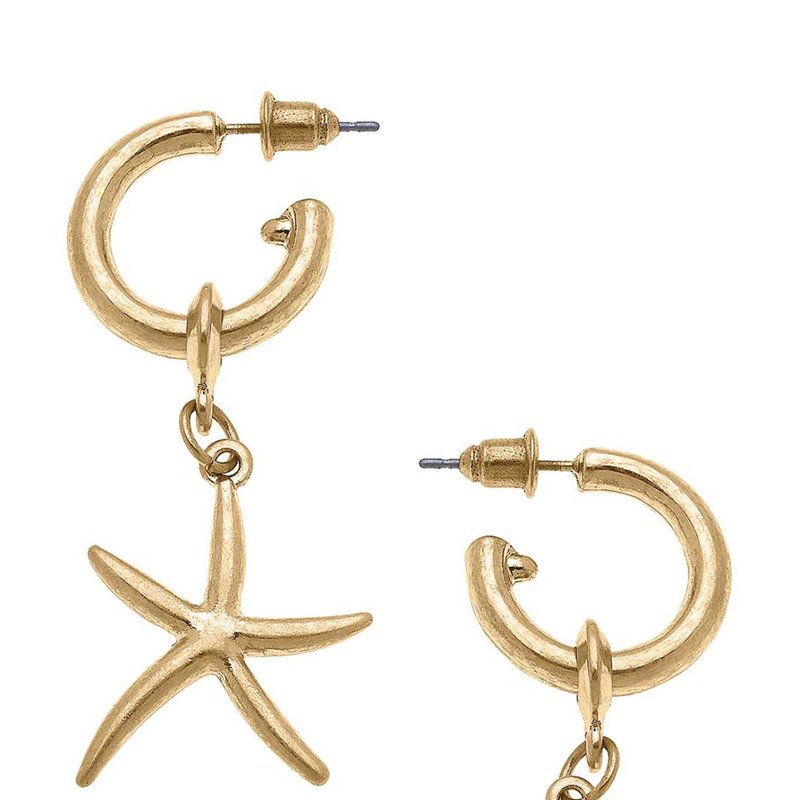 Canvas Style Starfish Drop Hoop Earrings In Gold