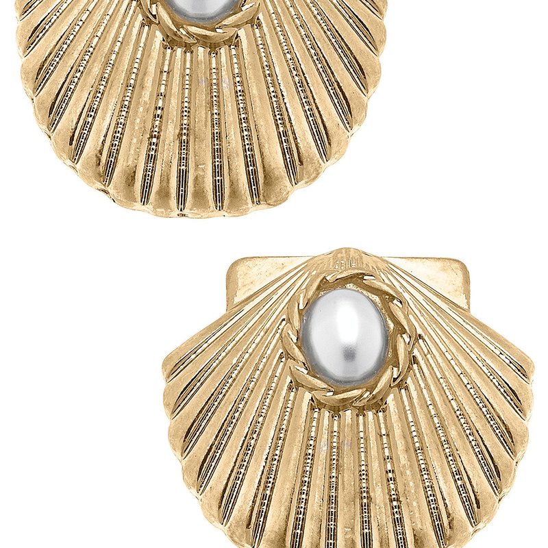 Canvas Style Tallulah Scallop & Pearl Stud Earrings In Gold