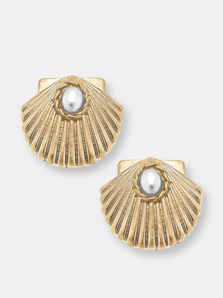 Tallulah Scallop & Pearl Stud Earrings - Worn Gold