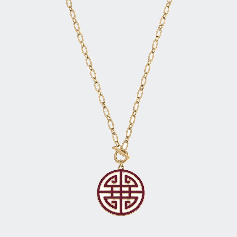 Canvas Style Tara Game Day Greek Keys Enamel Pendant Necklace In Maroon In Gold