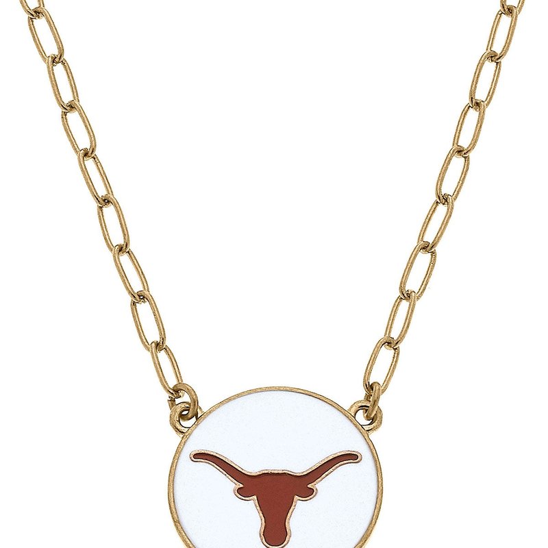 Canvas Style Texas Longhorns Enamel Disc Pendant Necklace In White