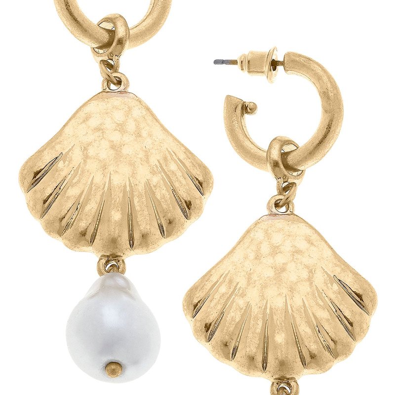 Canvas Style Thelovelyflamingo Scallop Shell & Pearl Drop Hoop Earring In Gold