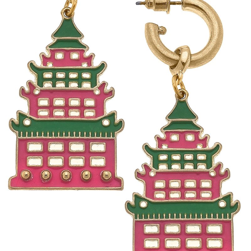 Canvas Style Tiffany Enamel Pagoda Earrings In Green & Pink