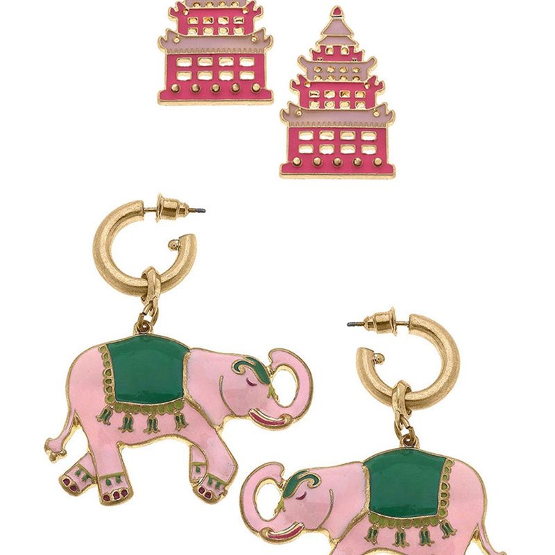 Canvas Style Tiffany Enamel Pagoda Stud And Livy Elephant Earring Set In Pink