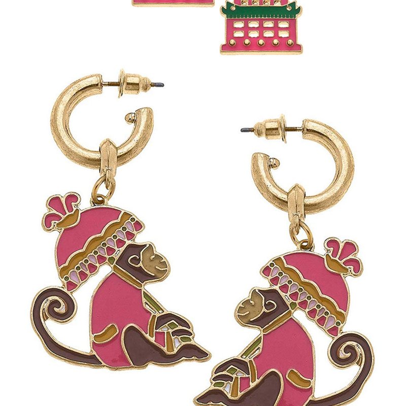 Canvas Style Tiffany Enamel Pagoda Stud And Remy Monkey Earring Set In Red