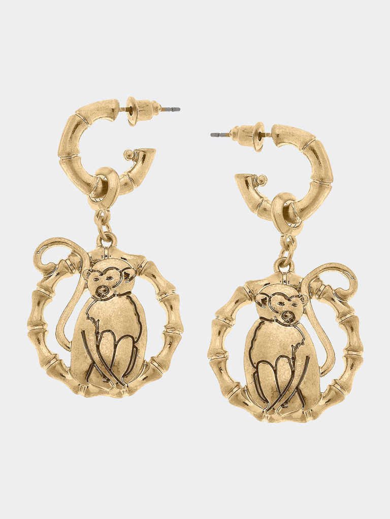 Uma Monkey Drop Hoop Earrings - Worn Gold