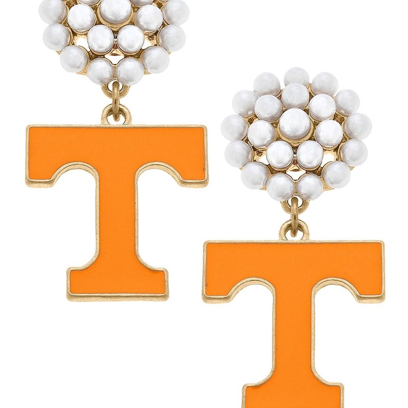 Canvas Style University Of Tennessee Logo Pearl Cluster Enamel Drop Earrings In Orange
