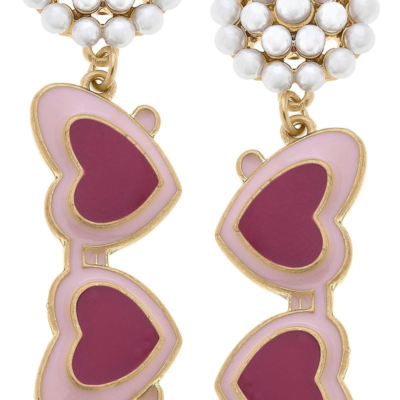 Canvas Style Valentine's Heart Sunnies Pearl Cluster Enamel Earrings In Pink