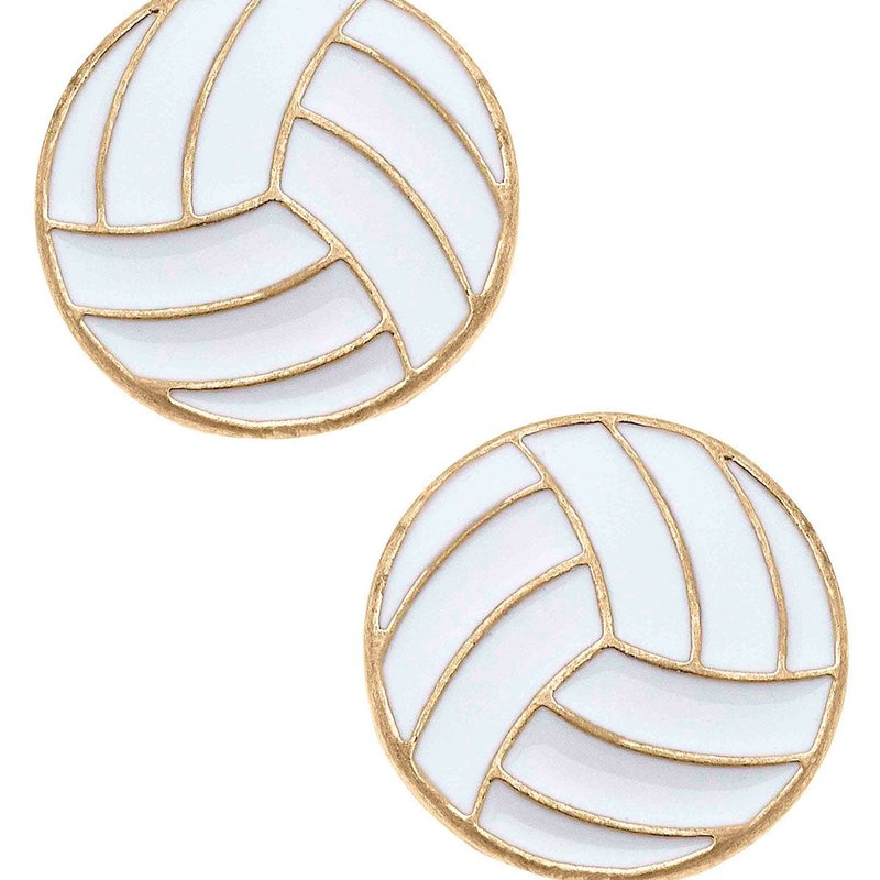 Canvas Style Volleyball Enamel Stud Earrings In White