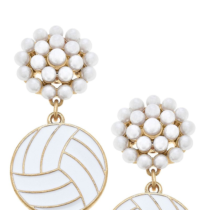 Canvas Style Volleyball Pearl Cluster Enamel Drop Earrings In White