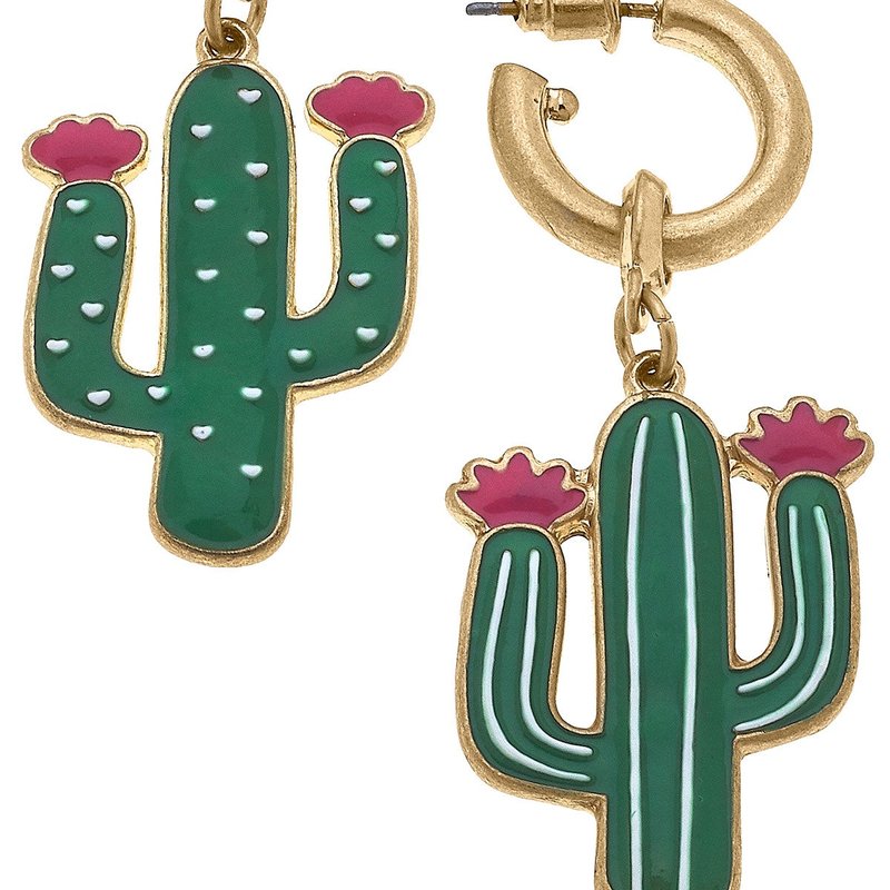Canvas Style Whimsical Cactus Enamel Earrings In Green & Pink