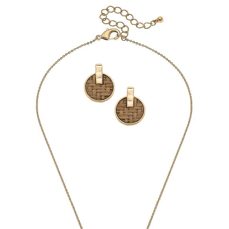 Canvas Style Wicker Disc Earring And Necklace Set In Dark Brown