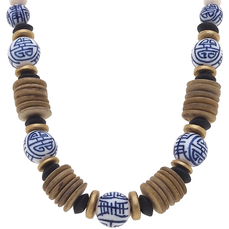 Canvas Style Winslow Blue & White Chinoiserie & Wood Necklace In Brown