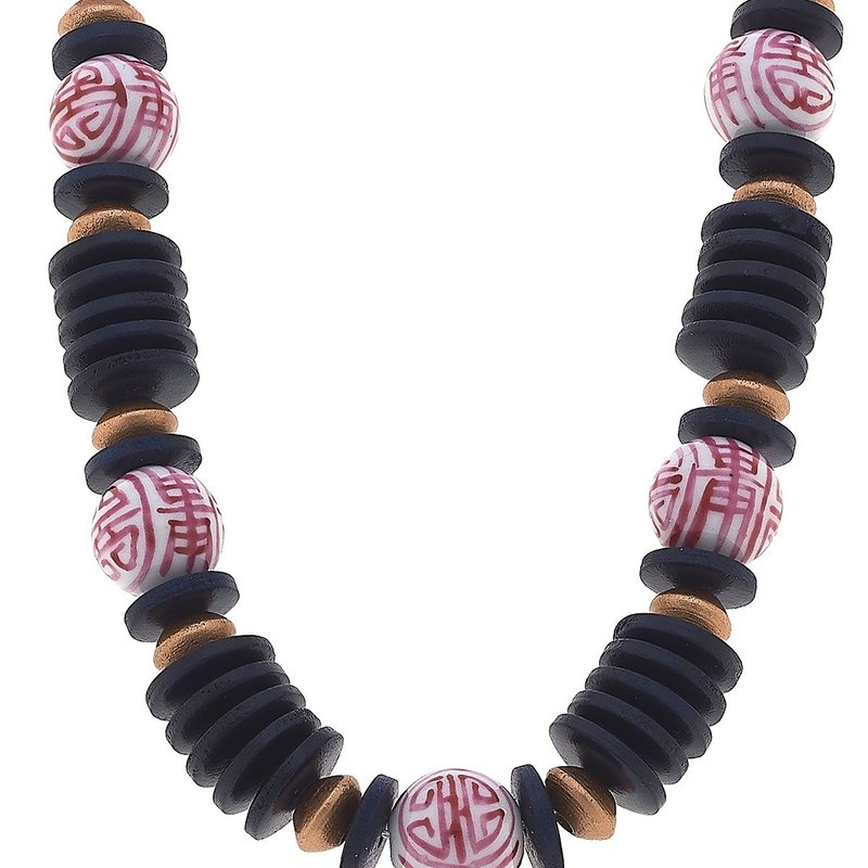 Canvas Style Winslow Pink & White Chinoiserie & Wood Necklace In Grey