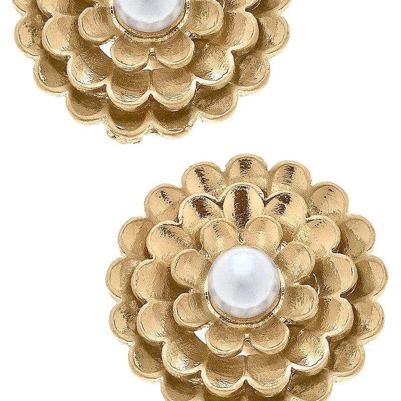 Canvas Style Zinnia Flower Stud Earrings In Gold