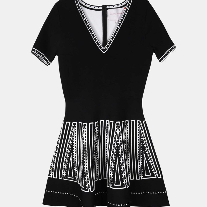 Carolina Herrera Women's Black Multi Short Sleeve V-neck Fit And Flare Dress