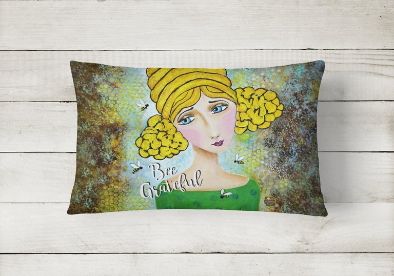 12 in x 16 in  Outdoor Throw Pillow Bee Grateful Girl with Beehive Canvas Fabric Decorative Pillow