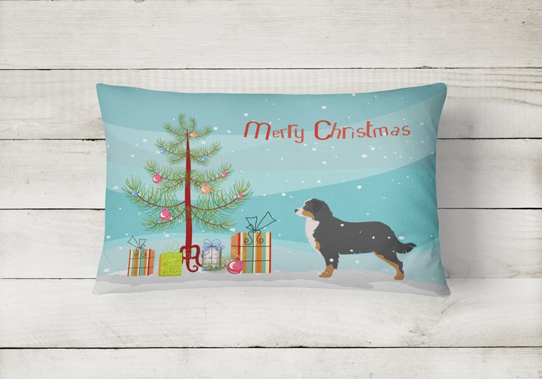 12 in x 16 in  Outdoor Throw Pillow Bernese Mountain Dog Merry Christmas Tree Canvas Fabric Decorative Pillow