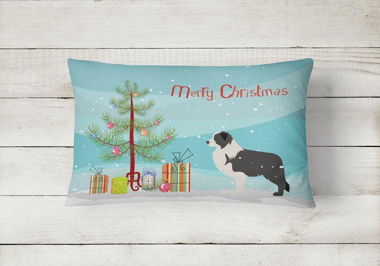 12 in x 16 in  Outdoor Throw Pillow Black Border Collie Merry Christmas Tree Canvas Fabric Decorative Pillow