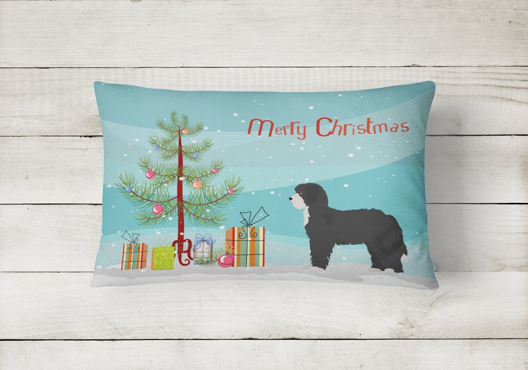 12 in x 16 in  Outdoor Throw Pillow Black Sheepadoodle Christmas Tree Canvas Fabric Decorative Pillow