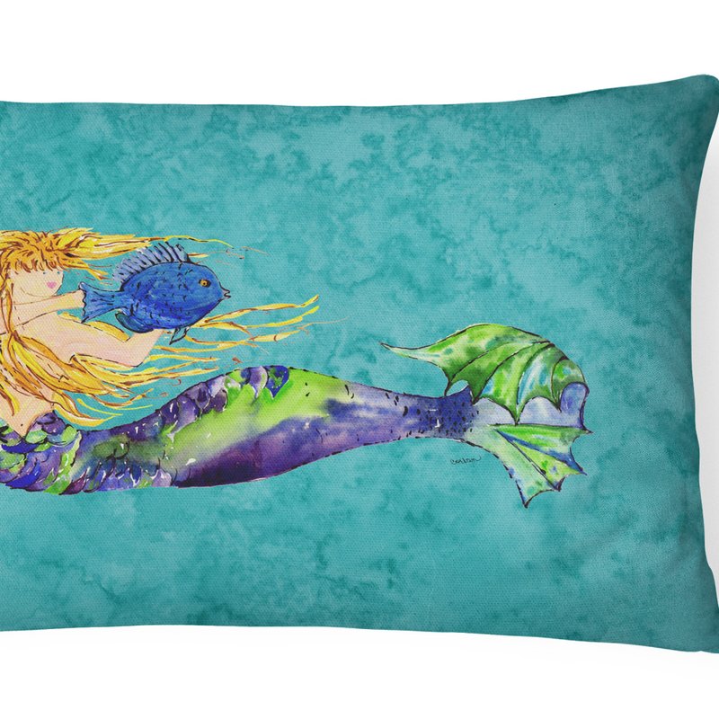 Caroline's Treasures 12 In X 16 In Outdoor Throw Pillow Blonde Mermaid On Teal Canvas Fabric Decorative Pillow