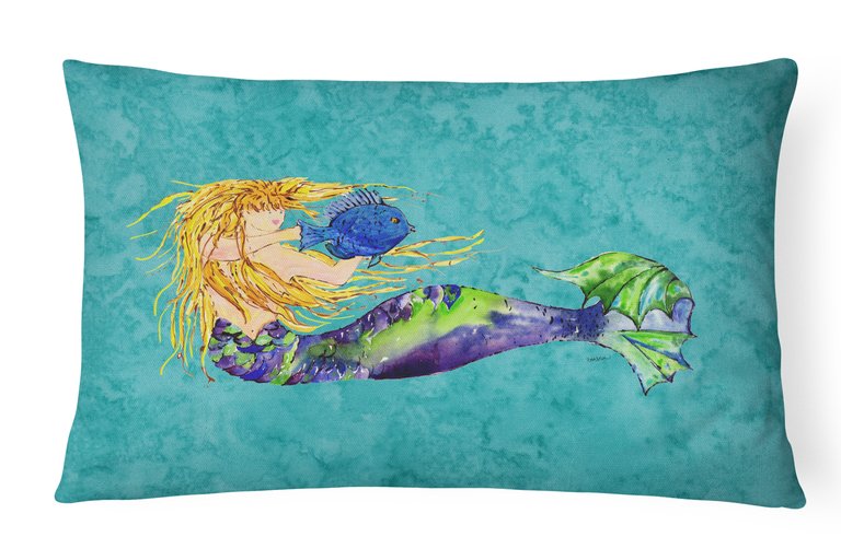 12 in x 16 in  Outdoor Throw Pillow Blonde Mermaid on Teal Canvas Fabric Decorative Pillow