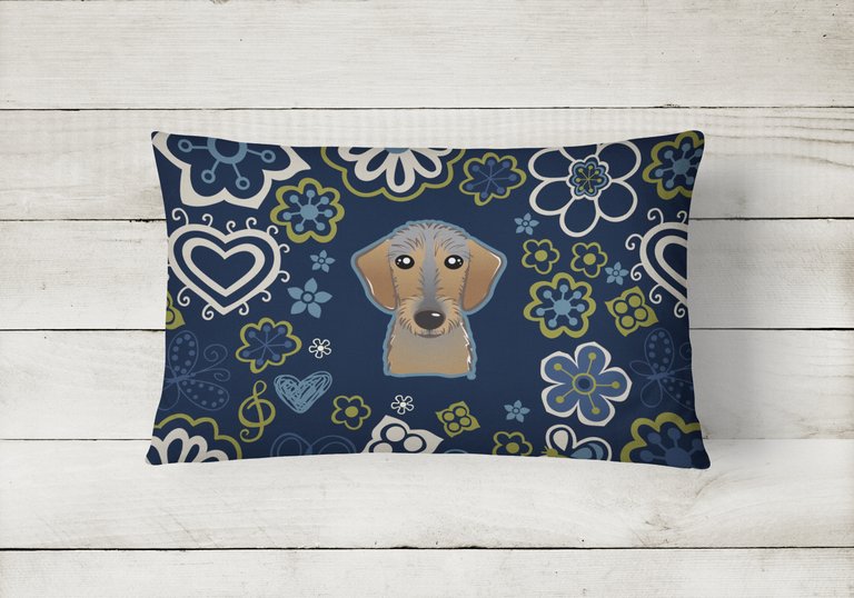 12 in x 16 in  Outdoor Throw Pillow Blue Flowers Wirehaired Dachshund Canvas Fabric Decorative Pillow