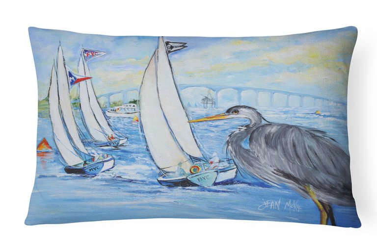 12 in x 16 in  Outdoor Throw Pillow Blue Heron Sailboats Dog River Bridge Canvas Fabric Decorative Pillow