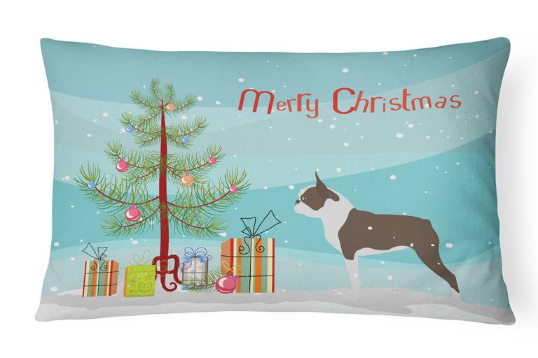 12 in x 16 in  Outdoor Throw Pillow Boston Terrier Merry Christmas Tree Canvas Fabric Decorative Pillow