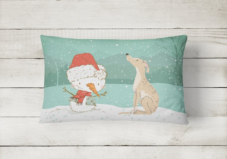 12 in x 16 in  Outdoor Throw Pillow Brindle Greyhound Snowman Christmas Canvas Fabric Decorative Pillow