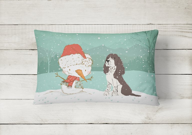 12 in x 16 in  Outdoor Throw Pillow Brown English Springer Spaniel Snowman Christmas Canvas Fabric Decorative Pillow