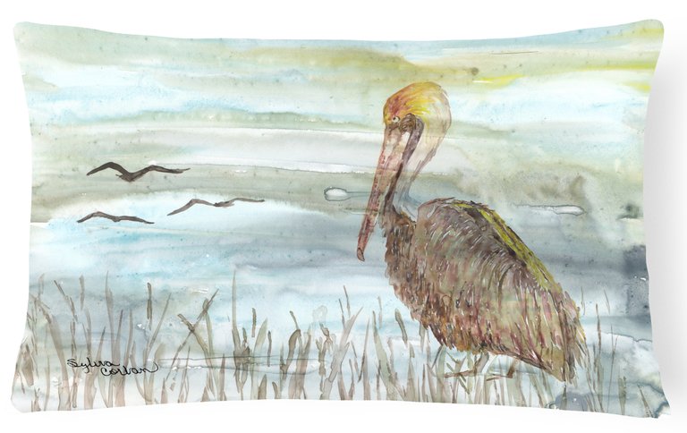 12 in x 16 in  Outdoor Throw Pillow Brown Pelican Watercolor Canvas Fabric Decorative Pillow