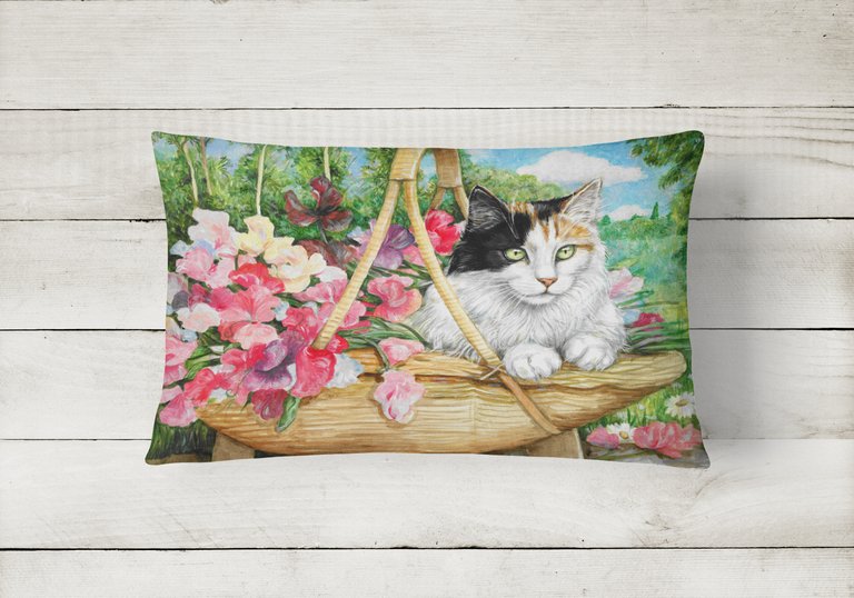 12 in x 16 in  Outdoor Throw Pillow Cat In Basket Canvas Fabric Decorative Pillow