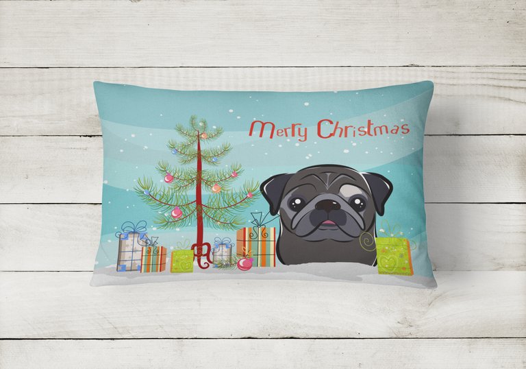 12 in x 16 in  Outdoor Throw Pillow Christmas Tree and Black Pug Canvas Fabric Decorative Pillow