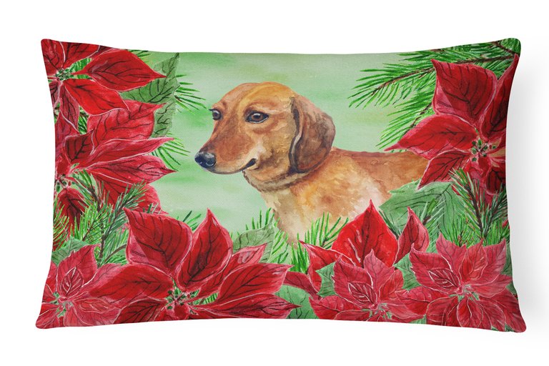 12 in x 16 in  Outdoor Throw Pillow Dachshund Poinsettas Canvas Fabric Decorative Pillow