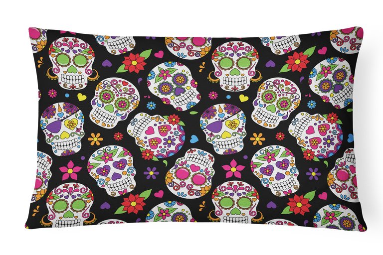 12 in x 16 in  Outdoor Throw Pillow Day of the Dead Black Canvas Fabric Decorative Pillow - Black
