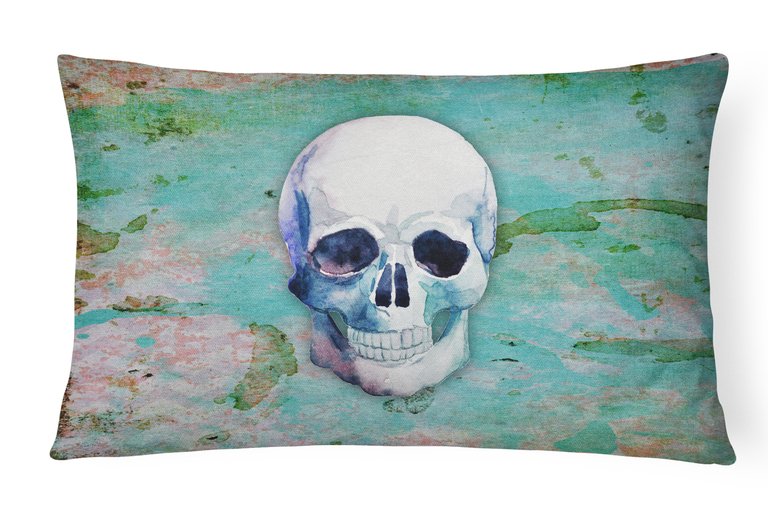 12 in x 16 in  Outdoor Throw Pillow Day of the Dead Teal Skull Canvas Fabric Decorative Pillow - Default Title
