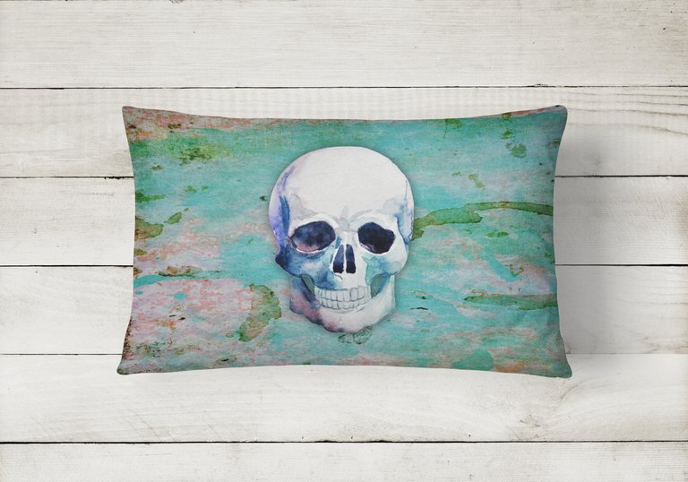 12 in x 16 in  Outdoor Throw Pillow Day of the Dead Teal Skull Canvas Fabric Decorative Pillow