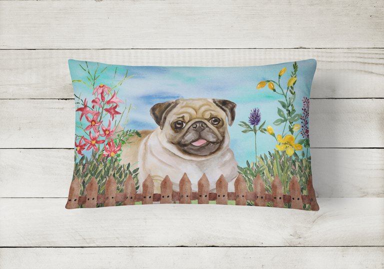 12 in x 16 in  Outdoor Throw Pillow Fawn Pug Spring Canvas Fabric Decorative Pillow