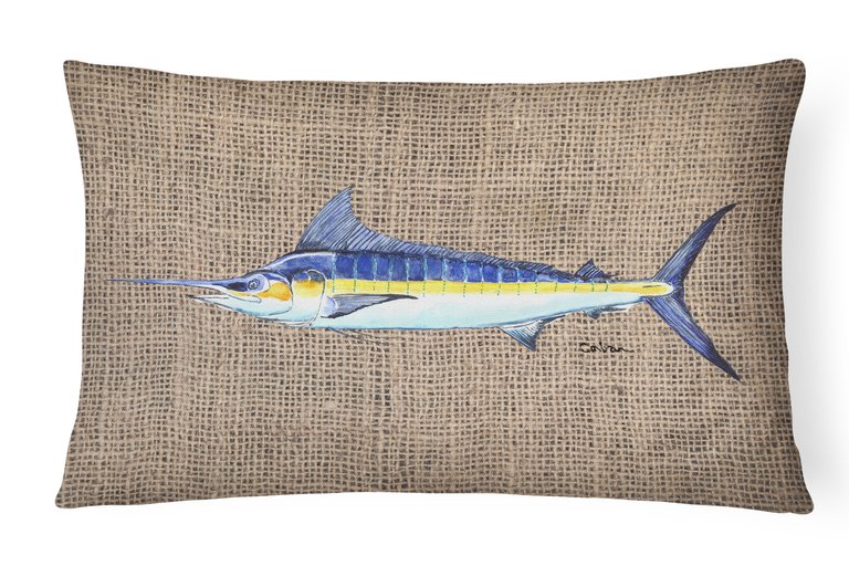 12 in x 16 in  Outdoor Throw Pillow Fish - Marlin Faux Burlap Canvas Fabric Decorative Pillow