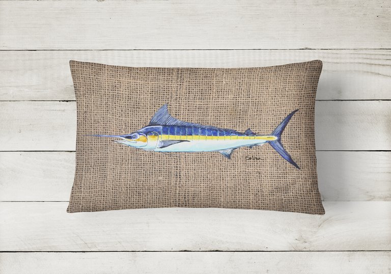 12 in x 16 in  Outdoor Throw Pillow Fish - Marlin Faux Burlap Canvas Fabric Decorative Pillow